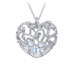 Family Tree Caged Heart Pendant in 925 Sterling Silver with Aquamarine