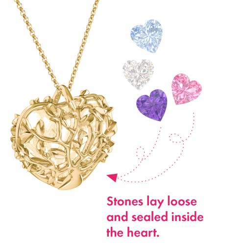 Family Tree Caged Heart Pendant – 10K Yellow Gold with Amethyst, Pink Tourmaline, Cubic Zirconia, and Aquamarine