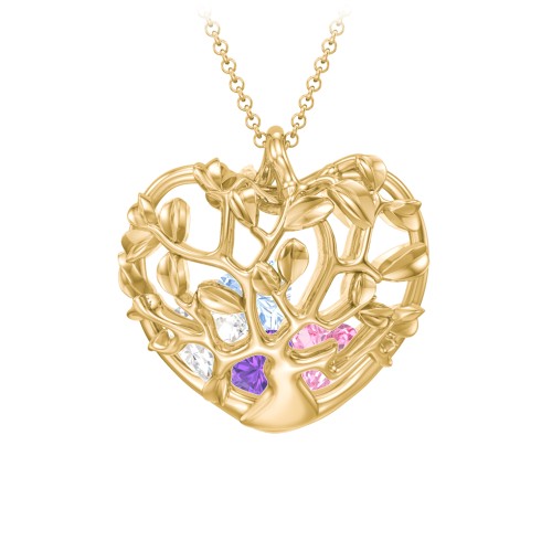 Family Tree Caged Heart Pendant – 10K Yellow Gold with Amethyst, Pink Tourmaline, Cubic Zirconia, and Aquamarine