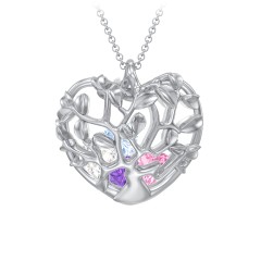 Family Tree Caged Heart Pendant – Sterling Silver with Amethyst, Pink Tourmaline, Cubic Zirconia, and Aquamarine