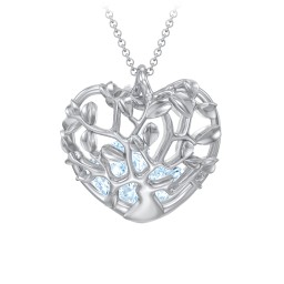 Family Tree Caged Heart Pendant in 925 Sterling Silver with Aquamarine, Cubic Zirconia, and Blue Sapphire
