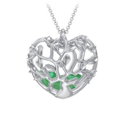 Family Tree Caged Heart Pendant in 925 Sterling Silver with Emerald
