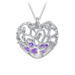 Family Tree Caged Heart Pendant in 925 Sterling Silver with Amethyst