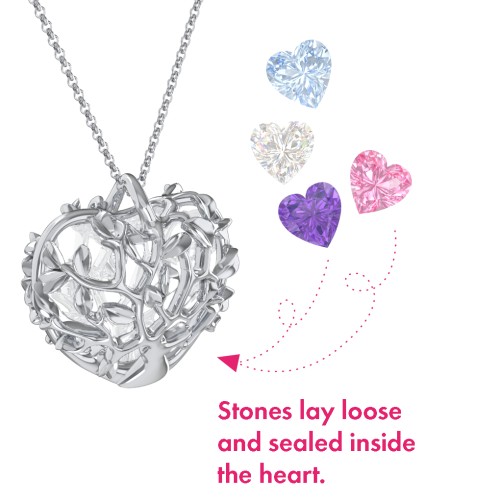 Family Tree Caged Heart Pendant – Sterling Silver with Amethyst, Pink Tourmaline, Cubic Zirconia, and Aquamarine