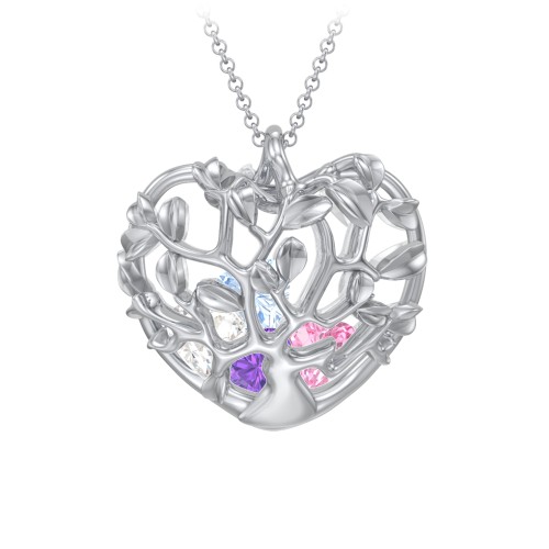 Family Tree Caged Heart Pendant – Sterling Silver with Amethyst, Pink Tourmaline, Cubic Zirconia, and Aquamarine