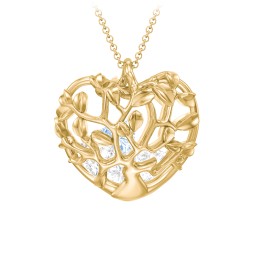 Family Tree Caged Heart Pendant in 10K Solid Yellow Gold with Diamond, Cubic Zirconia, Aquamarine, and Blue Sapphire