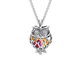 Wise Owl Caged Pendant in 925 Sterling Silver with Ruby and Citrine
