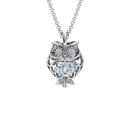 Wise Owl Caged Pendant in 925 Sterling Silver with Aquamarine and Pink Tourmaline
