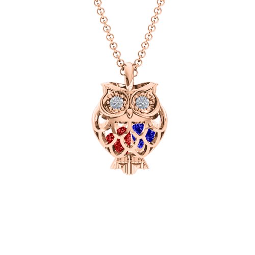 Wise Owl Caged Pendant – 10K Rose Gold with Garnet, Blue Sapphire, and Cubic Zirconia