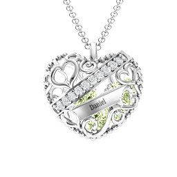 Engravable Heart Cage Pendant With 1 - 6 Heart Gemstones in 925 Sterling Silver with Peridot, Aquamarine, and Emerald