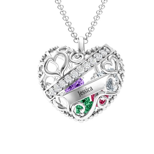 Engravable Heart Cage Pendant With 1 - 6 Heart Gemstones