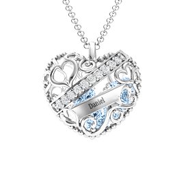 Engravable Heart Cage Pendant With 1 - 6 Heart Gemstones in 925 Sterling Silver with Aquamarine and Emerald