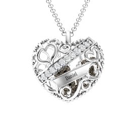 Engravable Heart Cage Pendant With 1 - 6 Heart Gemstones in 925 Sterling Silver with Smokey Quartz, Aquamarine, and Emerald
