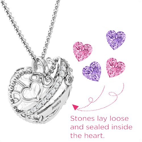 Engravable Heart Cage Pendant With 1 - 6 Heart Gemstones – Sterling Silver with Pink Tourmaline, Amethyst, and Cubic Zirconia