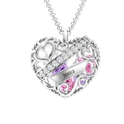 Engravable Heart Cage Pendant With 1 - 6 Heart Gemstones – Sterling Silver with Pink Tourmaline, Amethyst, and Cubic Zirconia