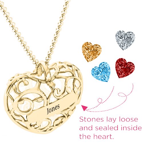 Fancy Filigree Engravable Cage Heart Pendant – 10K Yellow Gold with Garnet, Blue Topaz, Citrine, and Cubic Zirconia