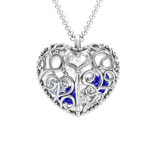 Filigree Lock & Key Heart Cage Pendant – Sterling Silver with Blue Sapphire and Cubic Zirconia