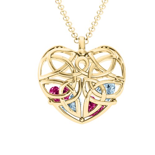 Celtic Trinity Knot Caged Heart Pendant – 10K Yellow Gold with Aquamarine and Ruby