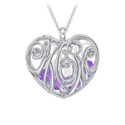 Graceful Mom Heart Cage Pendant With 2-8 Birthstones in 925 Sterling Silver with Amethyst, Emerald, Blue Sapphire, Blue Topaz, and Ruby