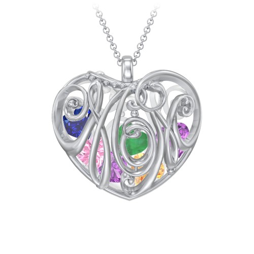 Graceful Mom Heart Cage Pendant With 2-8 Birthstones