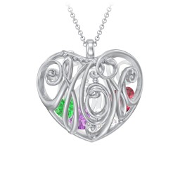 Graceful Mom Heart Cage Pendant With 2-8 Birthstones in 925 Sterling Silver with Amethyst, Cubic Zirconia, Ruby, Emerald, Blue Sapphire, and Blue Topaz
