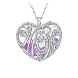 Graceful Mom Heart Cage Pendant With 2-8 Birthstones in 925 Sterling Silver with Amethyst, Emerald, Blue Sapphire, Blue Topaz, and Ruby