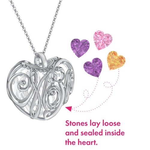 Graceful Mom Heart Cage Pendant With 2-8 Birthstones – Sterling Silver with Amethyst, Citrine, and Pink Tourmaline
