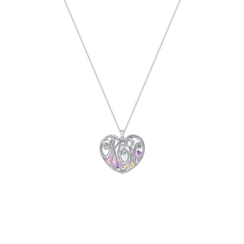 Graceful Mom Heart Cage Pendant With 2-8 Birthstones – Sterling Silver with Amethyst, Citrine, and Pink Tourmaline