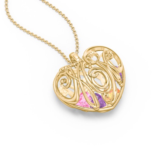 Graceful Mom Heart Cage Pendant With 2-8 Birthstones – 10K Yellow Gold with Amethyst, Citrine, and Pink Tourmaline