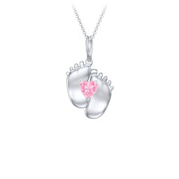 Engravable Baby Feet Birthstone Pendant in 925 Sterling Silver with Pink Tourmaline