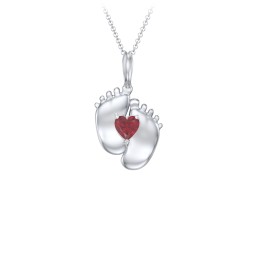 Engravable Baby Feet Birthstone Pendant in 925 Sterling Silver with Ruby