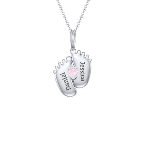Engravable Baby Feet Birthstone Pendant – Sterling Silver with Pink Tourmaline