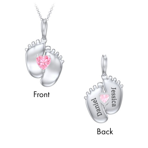 Engravable Baby Feet Birthstone Pendant – Sterling Silver with Pink Tourmaline