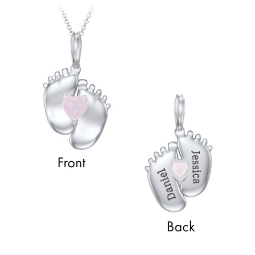 Engravable Baby Feet Birthstone Pendant – Sterling Silver with Opal