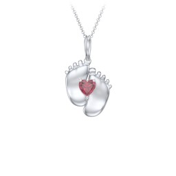 Engravable Baby Feet Birthstone Pendant in 925 Sterling Silver with Ruby
