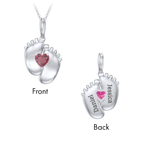 Engravable Baby Feet Birthstone Pendant – Sterling Silver with Ruby