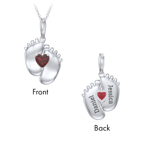 Engravable Baby Feet Birthstone Pendant – Sterling Silver with Garnet