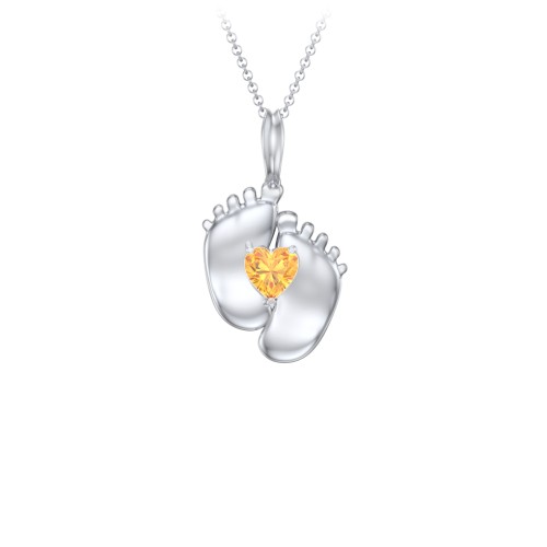 Engravable Baby Feet Birthstone Pendant – Sterling Silver with Citrine