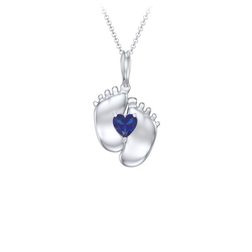 Engravable Baby Feet Birthstone Pendant – Sterling Silver with Blue Sapphire