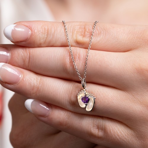 Engravable Baby Feet Birthstone Pendant – 10K Yellow Gold with Blue Topaz