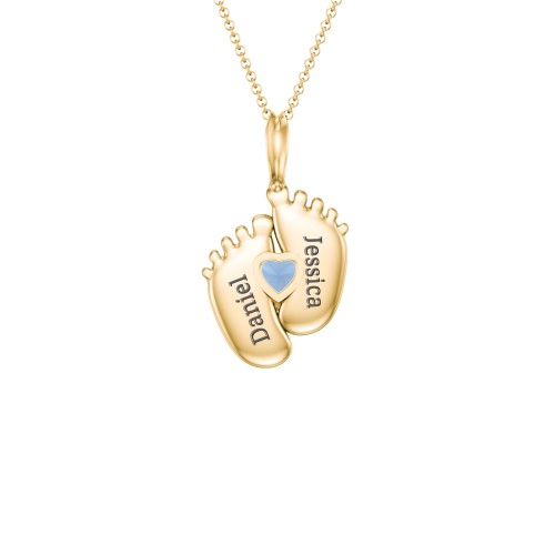 Engravable Baby Feet Birthstone Pendant – 10K Yellow Gold with Blue Topaz