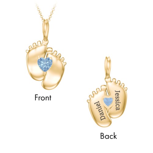 Engravable Baby Feet Birthstone Pendant – 10K Yellow Gold with Blue Topaz