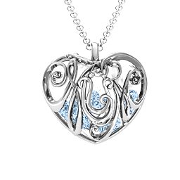 Graceful Mum Heart Cage Pendant With 2-8 Birthstones in 925 Sterling Silver with Aquamarine, Emerald, Ruby, and Cubic Zirconia