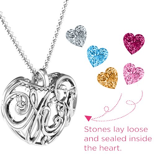 Graceful Mum Heart Cage Pendant With 2-8 Birthstones – Sterling Silver with Citrine, Pink Tourmaline, Blue Topaz, Ruby, and Cubic Zirconia