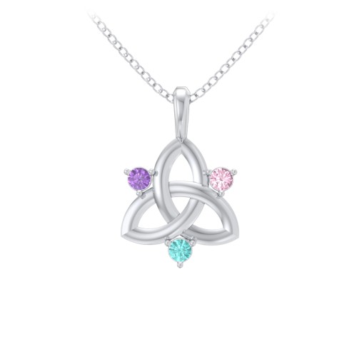 Three Stone Classic Celtic Trinity Knot Pendant – Sterling Silver with Amethyst, Pink Tourmaline, and Mint Premium Zirconia