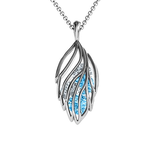 Elegant Elm Cage Leaf Pendant – Sterling Silver with Blue Topaz and Cubic Zirconia