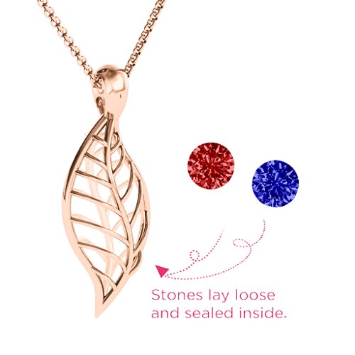 Encourage-Mint Cage Leaf Pendant – 10K Rose Gold with Garnet and Blue Sapphire