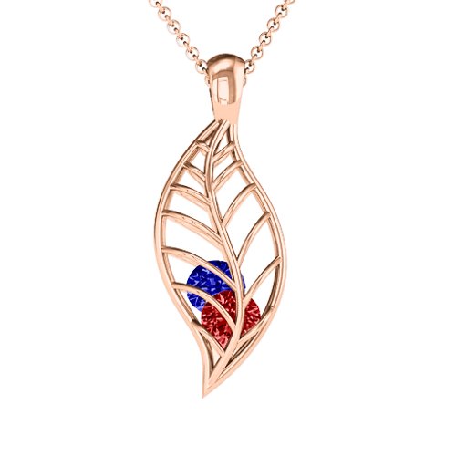 Encourage-Mint Cage Leaf Pendant – 10K Rose Gold with Garnet and Blue Sapphire