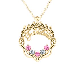 Grandma's Love Family Tree Pendant in 10K Solid Yellow Gold with Pink Tourmaline and Cubic Zirconia