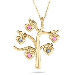 Tree Of Hearts 5-Stone Family Tree Necklace in 10K Solid Yellow Gold with Pink Tourmaline and Cubic Zirconia